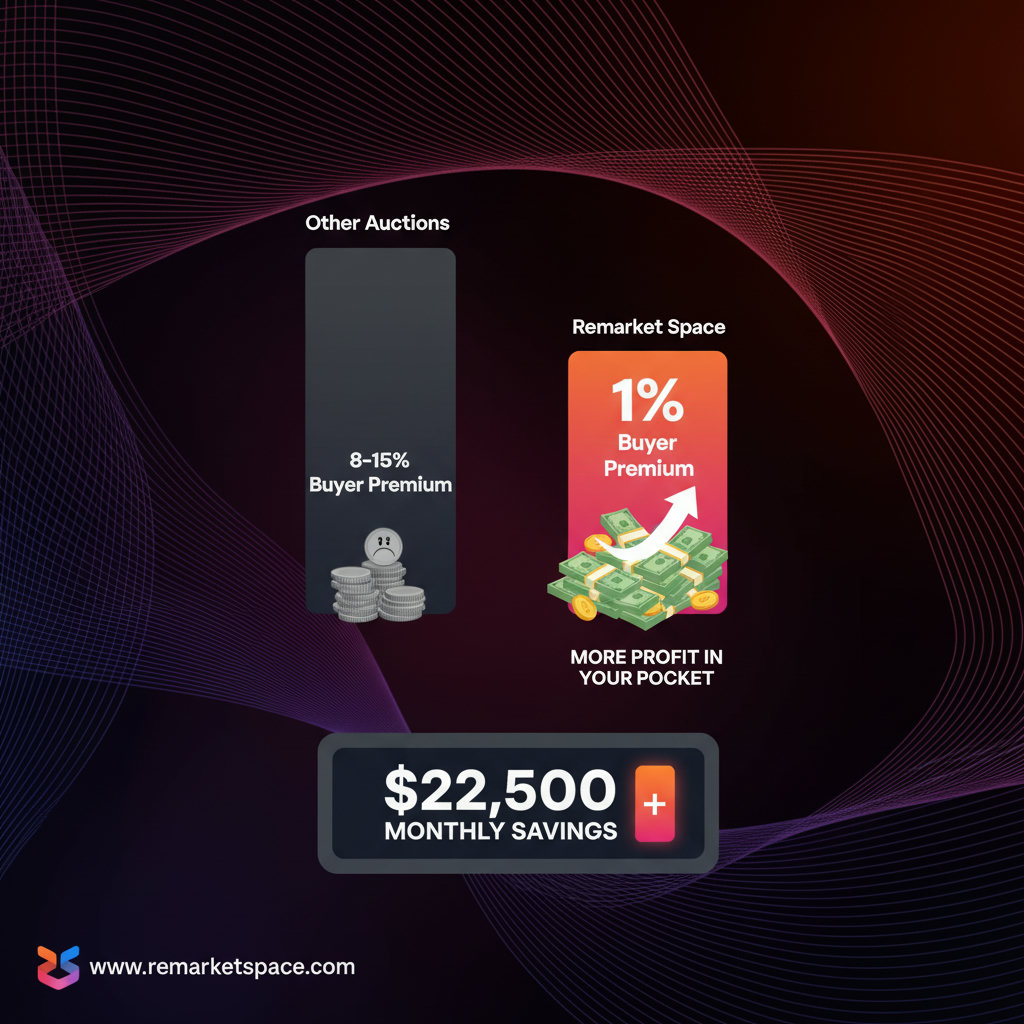 A visual representation of the significant cost savings with Remarket Space. This could be a bar chart directly comparing buyer premiums: a tall bar for 'Other Auctions' (e.g., 8-15%) with a small stack of money, and a much shorter bar for 'Remarket Space' (1%) with a much larger stack of money, visually demonstrating 'more profit in your pocket.' Perhaps a calculator showing the $22,500 monthly savings.
