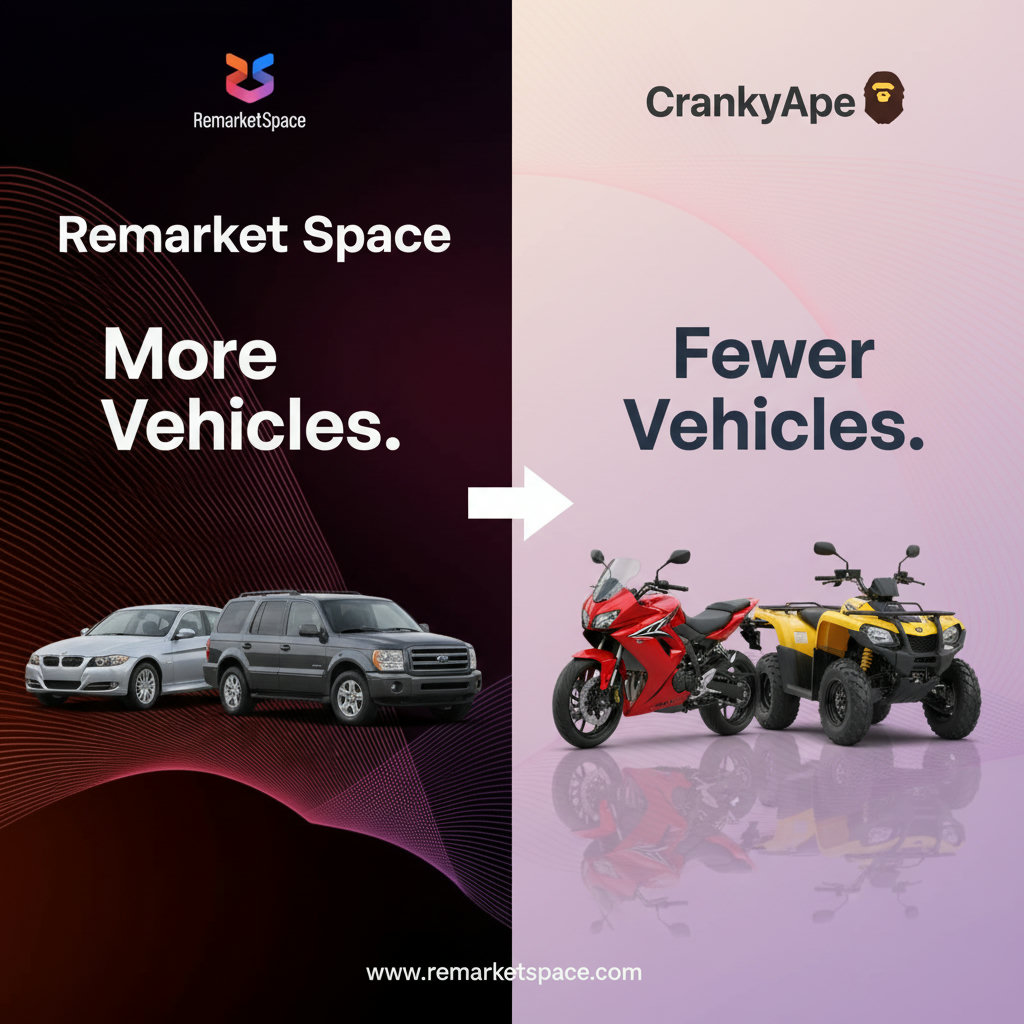 A side-by-side comparison illustrating a diverse range of vehicles (cars, SUVs, trucks) representing Remarket Space versus a limited selection of recreational vehicles (motorcycles, ATVs) representing CrankyApe, highlighting Remarket Space's broader inventory.