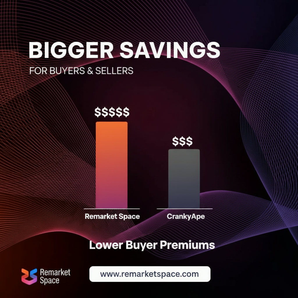 A visual representation of money saved due to lower buyer premiums, perhaps showing a rising bar graph of profits for Remarket Space compared to a lower one for CrankyApe, or a direct comparison of dollar amounts saved.