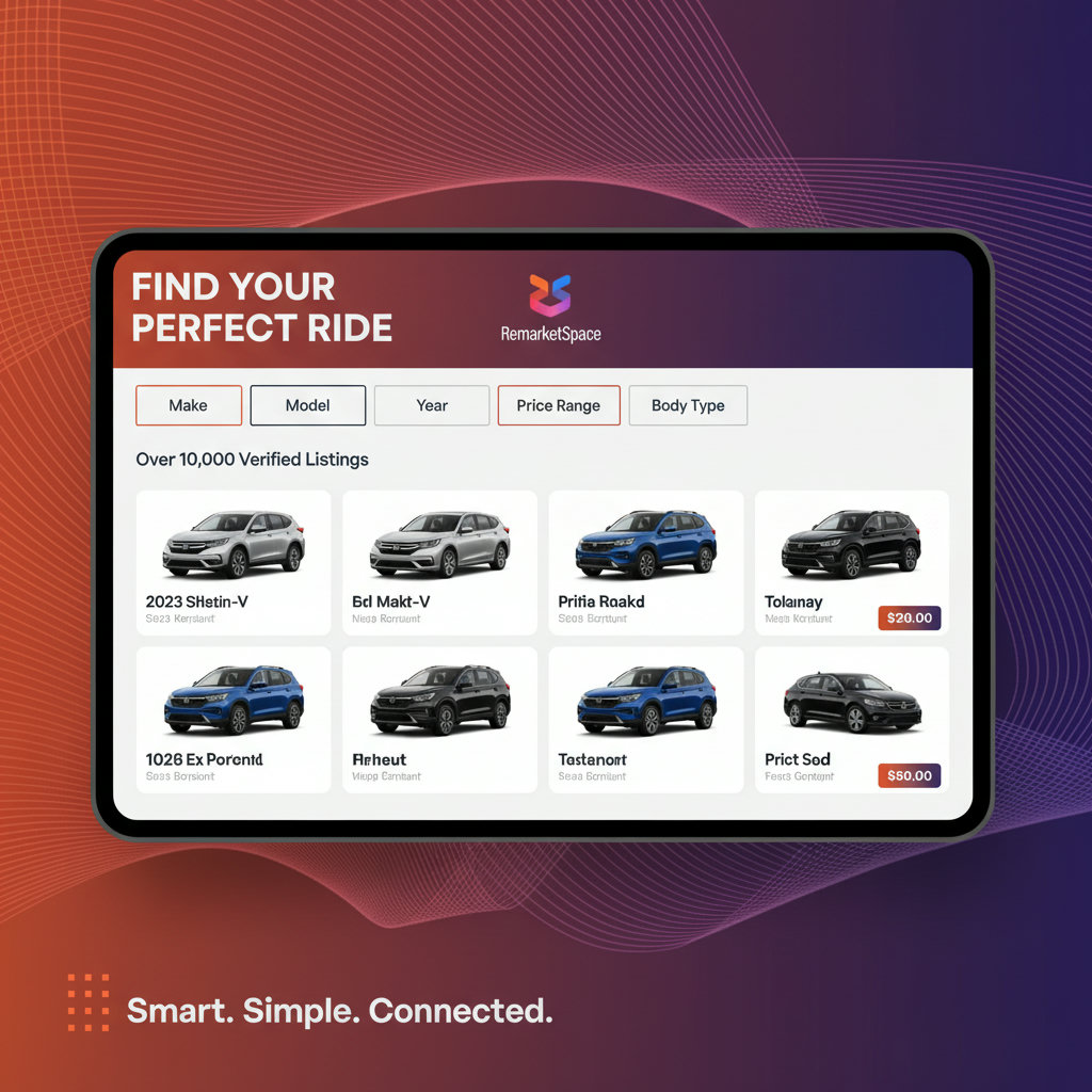 An image depicting a seamless digital platform with search filters and various vehicle listings, emphasizing ease of use and efficient car sourcing.