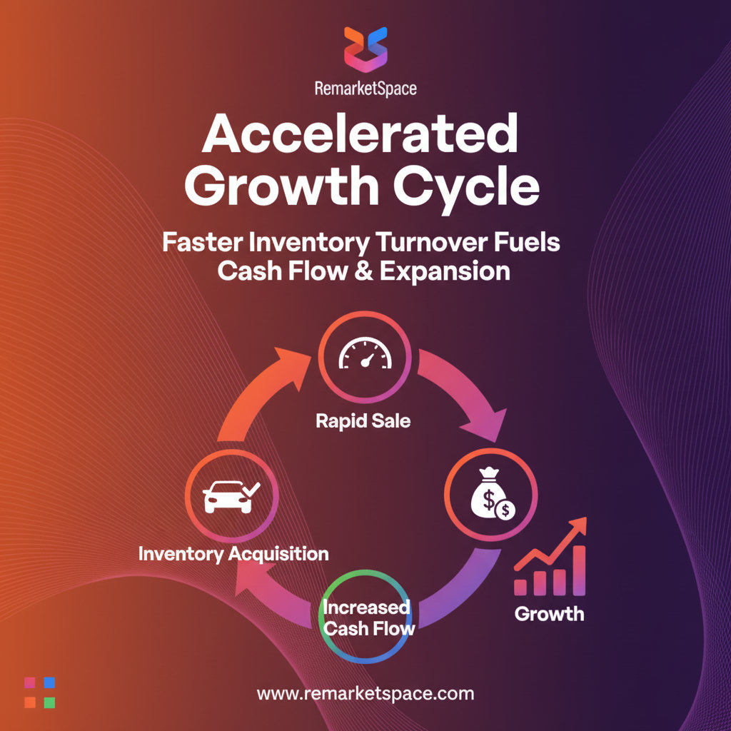 A graphic illustrating how faster inventory turnover leads to increased cash flow and growth, possibly with arrows showing a quick cycle from acquisition to sale and a growing money bag.