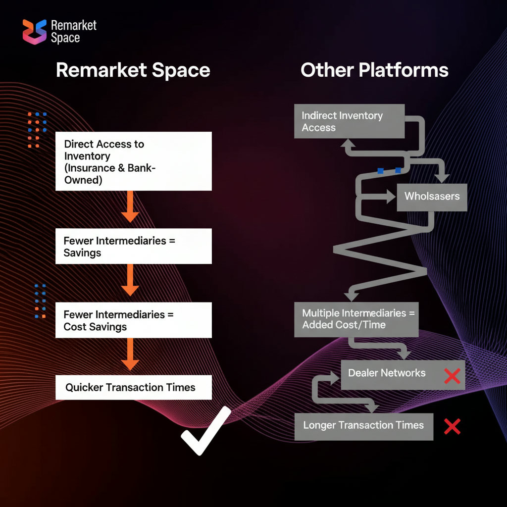 An infographic or flow chart demonstrating the streamlined process of acquiring vehicles through Remarket Space, highlighting direct access to insurance and bank-owned inventory, fewer intermediaries, and quicker transaction times, contrasted with a more convoluted process for other platforms.
