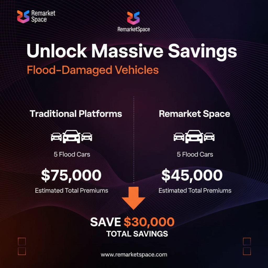 A graphic comparing the profitability of purchasing multiple flood-damaged vehicles (e.g., 5 vehicles) from two different platforms, clearly showing the total savings in premiums when using Remarket Space.