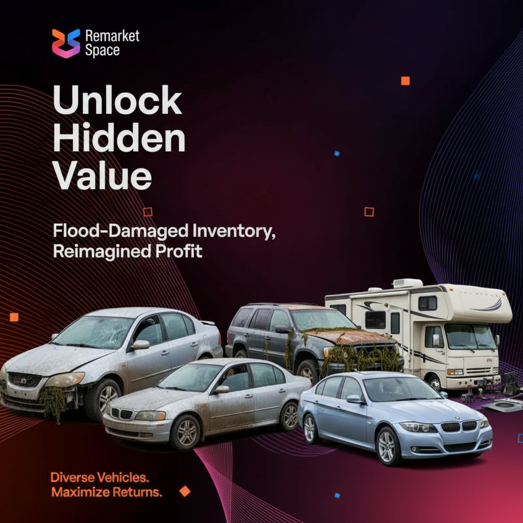 A visual representation of various types of vehicles (cars, SUVs, trucks, RVs) in different stages of reconditioning due to flood damage, emphasizing the variety of inventory available and the potential for profit after repair.