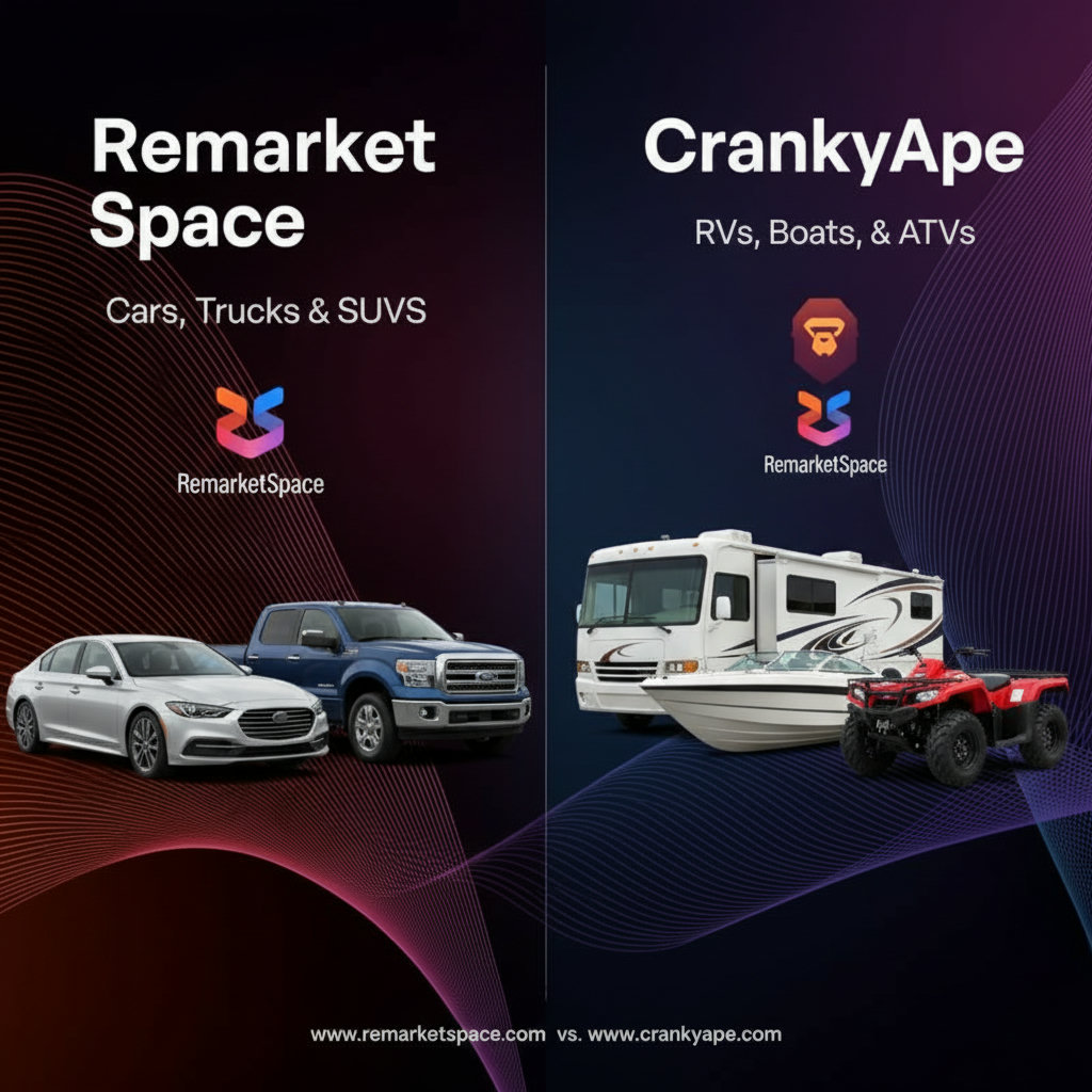 A visual comparison highlighting the difference in inventory focus between Remarket Space (general automotive) and CrankyApe (recreational vehicles). Perhaps a split screen or two distinct sections showing cars, trucks, and SUVs for Remarket Space versus RVs, boats, and ATVs for CrankyApe.