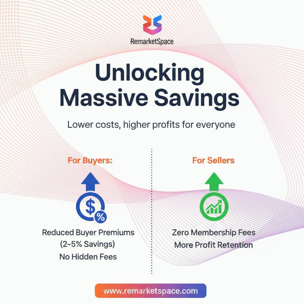 An infographic or chart visually representing the cost savings associated with Remarket Space. This could include lower buyer premiums and the absence of membership fees, potentially using a dollar sign motif or upward-trending graphs to symbolize profit.