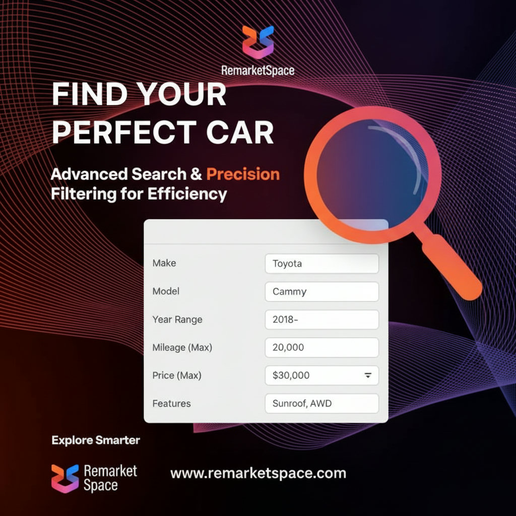 An image depicting the advanced search and filtering capabilities of Remarket Space. This could be represented by a stylized user interface with various filter options (make, model, year, mileage, etc.) and a magnifying glass icon, emphasizing precision and efficiency.