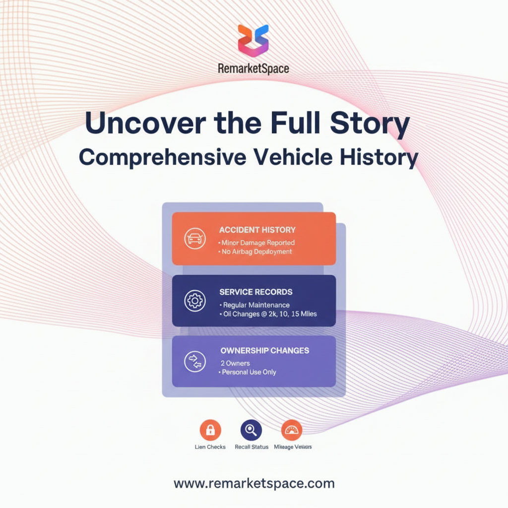 A visual metaphor for the comprehensive vehicle history reports, perhaps a layered chart or document with icons representing different aspects like accident history, service records, and ownership changes, conveying transparency and informed decision-making.