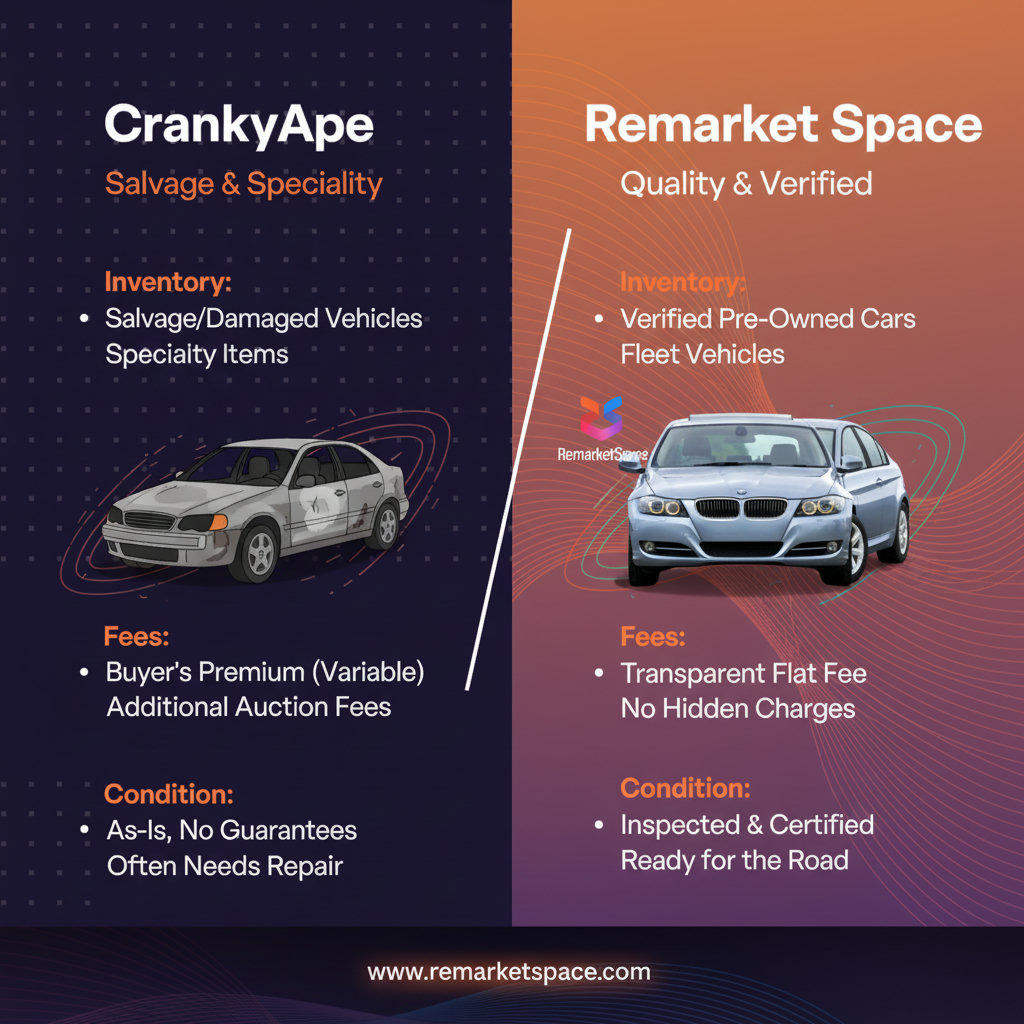 A visual comparison of two auction platforms, CrankyApe and Remarket Space, highlighting their differences in inventory focus, fees, and vehicle condition. This could be a split screen or a side-by-side infographic.