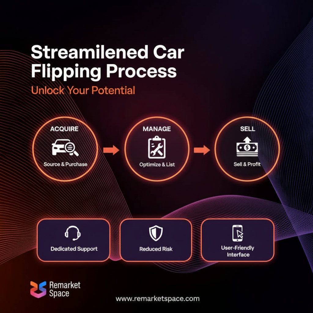 An image depicting a streamlined process of acquiring and managing cars for flipping, emphasizing features like a user-friendly interface, dedicated support, and reduced risks. This could be a flow chart or a series of icons.