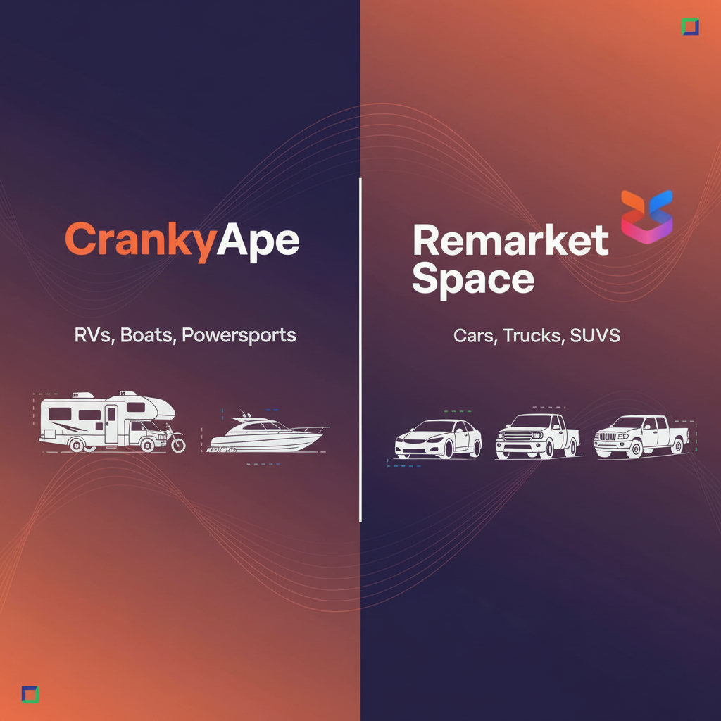 An illustration contrasting the inventory types of CrankyApe (RVs, boats, powersports) versus Remarket Space (cars, trucks, SUVs). This could be a split image or a diagram showing different vehicles under each brand's banner.