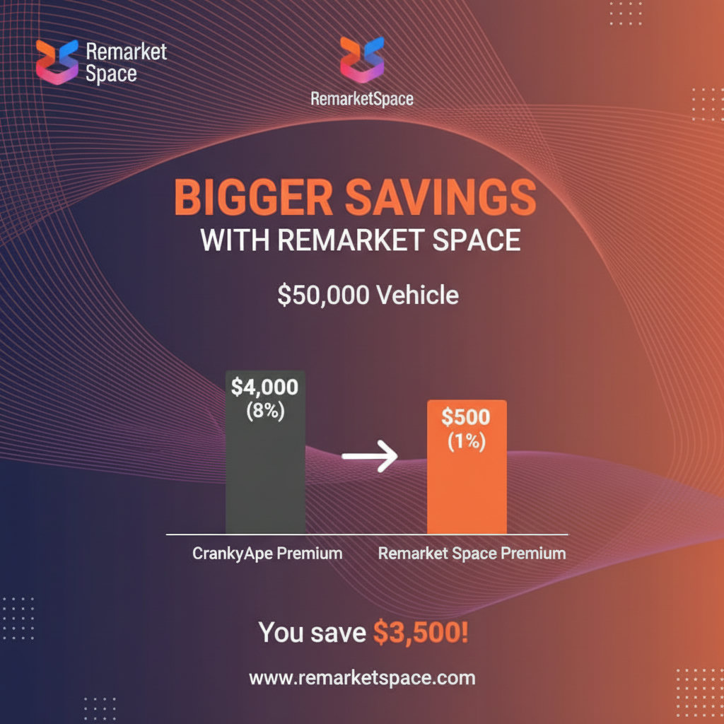 A visual representation of the fee structure comparison. This could be a bar graph or a pie chart illustrating the difference in buyer premiums between CrankyApe and Remarket Space for a hypothetical vehicle price, clearly showing the savings with Remarket Space.