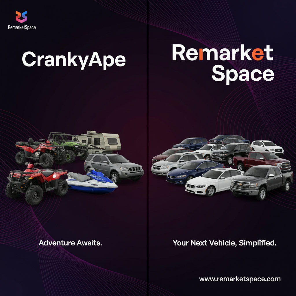A side-by-side comparison illustrating a diverse range of powersports vehicles (ATVs, jet skis, campers) representing CrankyApe on one side, and a wide selection of well-maintained SUVs, sedans, and trucks representing Remarket Space on the other. The Remarket Space side should appear more professional and abundant in automotive options.