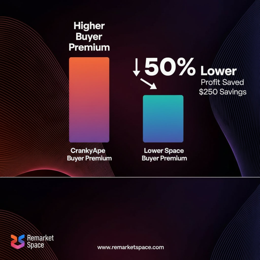 A graphic or infographic demonstrating the cost savings with Remarket Space. This could involve two bar graphs or pie charts: one showing a higher buyer premium for CrankyApe and another, significantly lower, for Remarket Space, with the difference clearly labeled as 'Profit Saved'. The numbers like '50% lower' and '$250 savings' could be visually integrated.