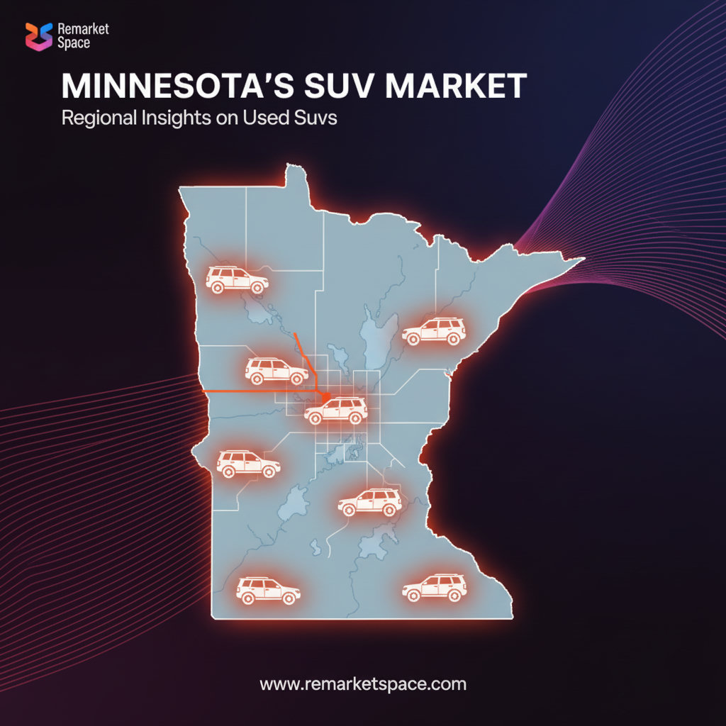 An image depicting a map of Minnesota with small icons representing different types of SUVs distributed across it, possibly with highlights on popular areas for sales or specific models in demand. This visualizes the regional insights and focus on 'used SUVs in Minnesota'.