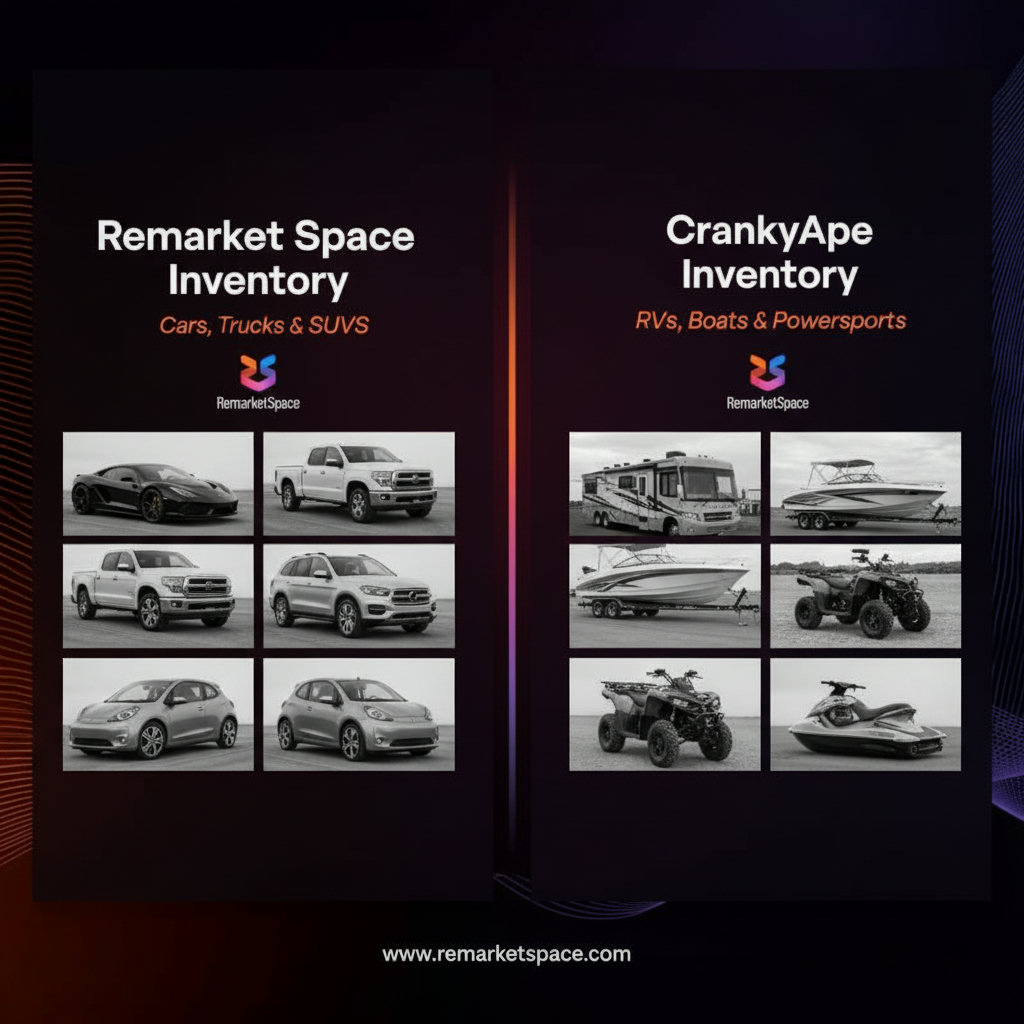 A side-by-side comparison illustrating a diverse range of cars, trucks, and SUVs representing Remarket Space's inventory, contrasted with RVs, boats, and powersports vehicles for CrankyApe.