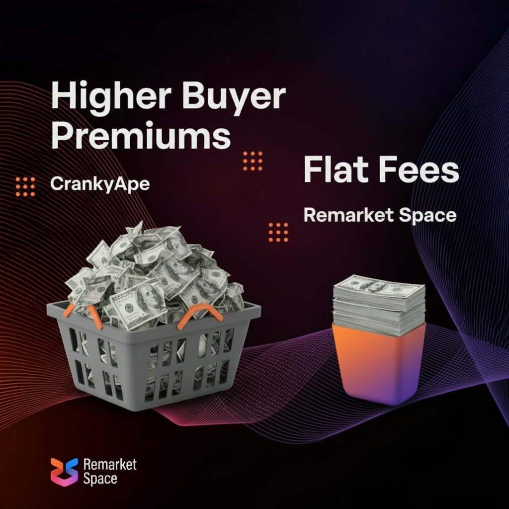 A visual representation of the cost savings: two contrasting piles of money, one significantly larger (representing CrankyApe's higher buyer premiums) and one much smaller (Remarket Space's flat fees).