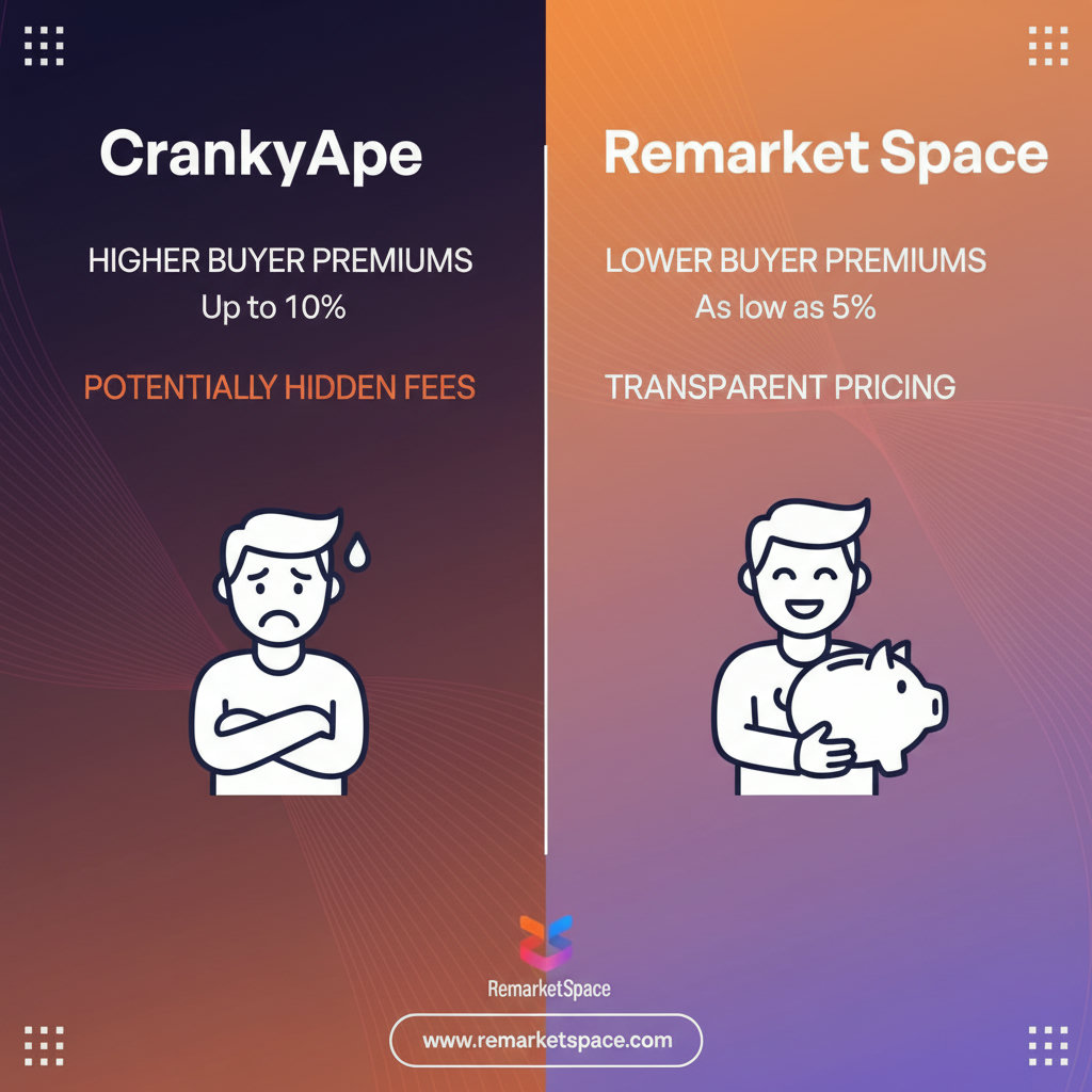 A split image or infographic comparing CrankyApe and Remarket Space. One side shows CrankyApe with higher buyer premiums (e.g., 10%) and potentially hidden fees, perhaps with a frustrated buyer icon. The other side shows Remarket Space with lower buyer premiums (e.g., 5%) and transparent fees, with a happy, cost-saving buyer icon.