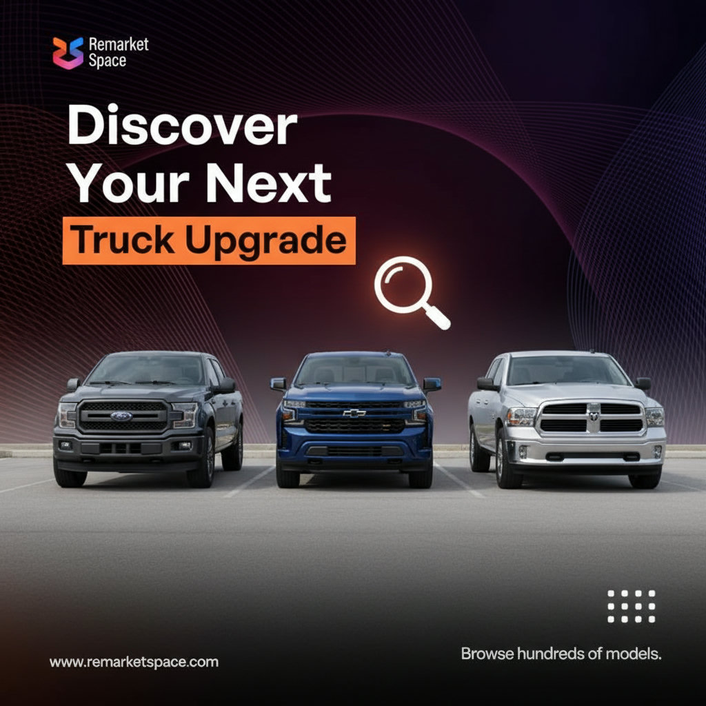 An image emphasizing the diverse inventory of used trucks at Remarket Space. This could include various models like a Ford F-150, Chevrolet Silverado, and Ram 1500, parked in an organized lot. A magnifying glass or spotlight could highlight the 'used trucks' aspect.