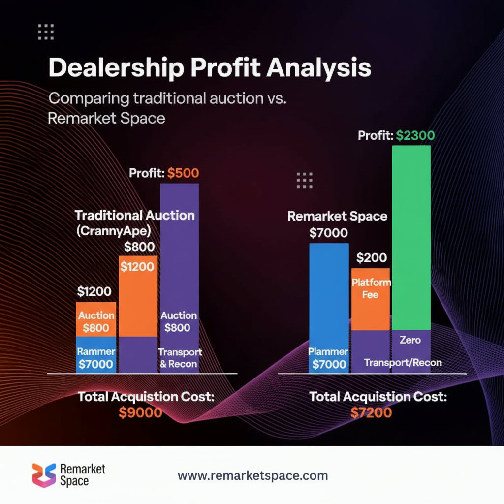 A visual representation of the financial scenario, possibly using two bar graphs side-by-side. One bar graph represents the CrankyApe scenario (total acquisition cost higher, profit lower), and the other represents the Remarket Space scenario (total acquisition cost lower, profit higher). Key figures ($7000 hammer price, premiums, fees, profit) should be visually distinct.