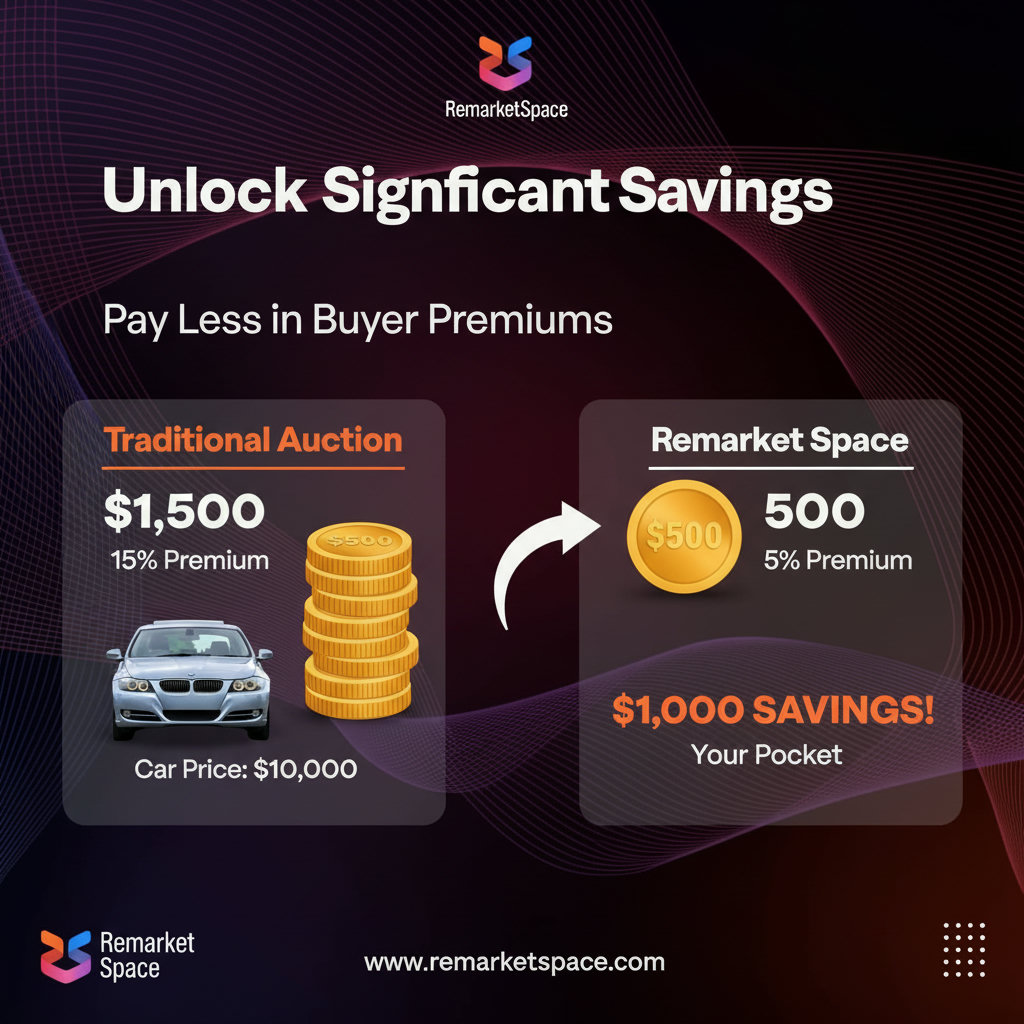 An infographic or chart visually representing the cost savings. For example, show a car priced at $10,000, and then display the difference in buyer premiums between CrankyApe (e.g., 15% or $1500) and Remarket Space (e.g., 5% or $500). Highlight the $1000 savings. You could use stacked coins or bars to show the fee difference.