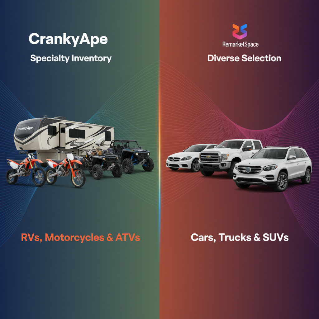 A visual split into two sections. One section illustrates CrankyApe's inventory primarily with RVs, motorcycles, and ATVs. The other section illustrates Remarket Space's inventory with a diverse range of cars, trucks, and SUVs. This would visually reinforce the specialization.