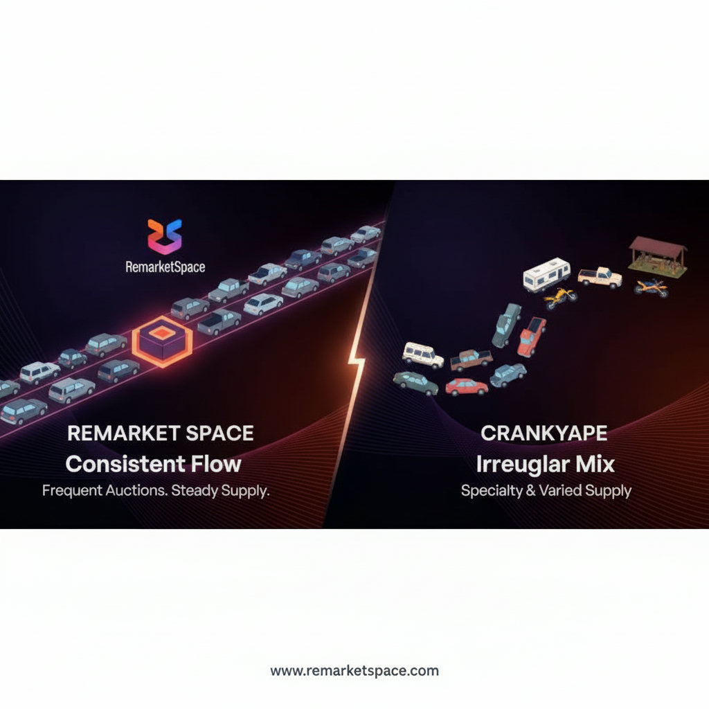 An illustration showing a consistent flow of cars, trucks, and SUVs into a marketplace representing Remarket Space, suggesting frequent auctions and a steady supply. In contrast, a smaller, more irregular flow (perhaps with RVs and powersports mixed in) for CrankyApe.