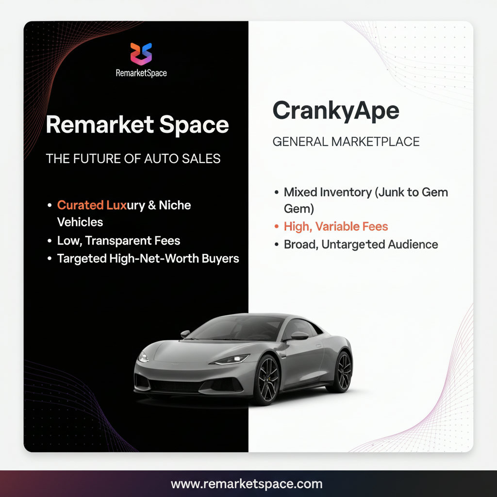 An image illustrating the competitive advantages of Remarket Space over a generalized platform like CrankyApe, possibly using a split graphic or opposing visuals to highlight differences in inventory type, fees, and focus.