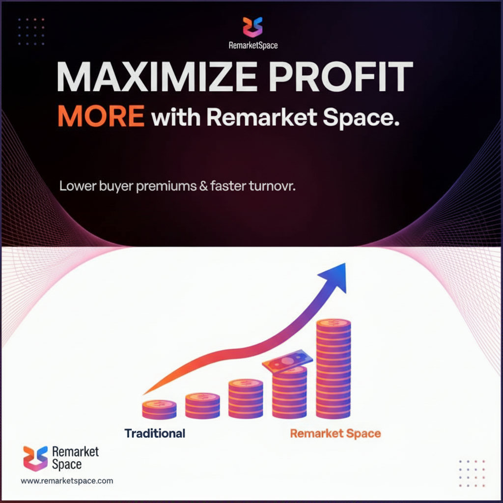 A visual representation of the financial benefits of using Remarket Space, potentially showing stacking money or a graph demonstrating increased profit margins due to lower buyer premiums and faster inventory turnover.