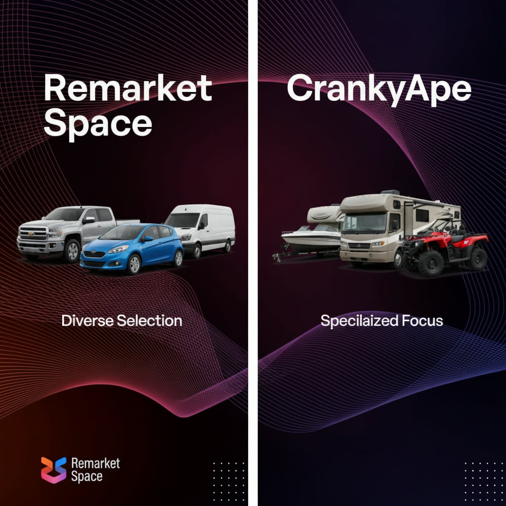 A side-by-side comparison illustrating a diverse selection of cars, trucks, SUVs, and vans on one side (Remarket Space) versus a limited selection of RVs, boats, and ATVs on the other (CrankyApe), emphasizing the specialized focus of Remarket Space.