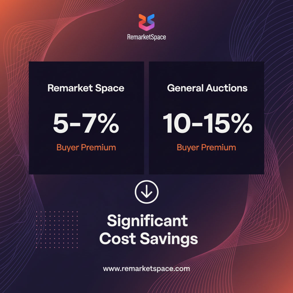 An infographic or chart visually representing the difference in buyer premiums between Remarket Space (e.g., 5-7%) and general auction platforms (e.g., 10-15%), highlighting the significant cost savings with Remarket Space.