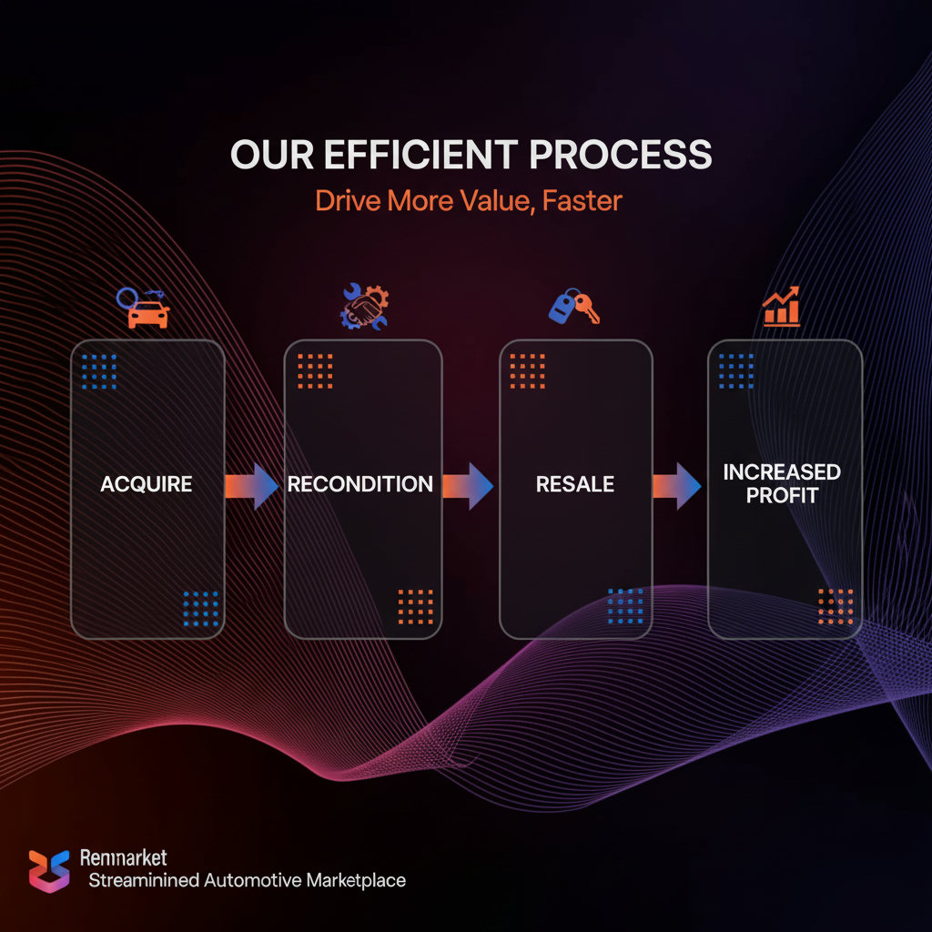 A visual timeline or process flow illustrating the streamlined purchasing and pickup process at Remarket Space, emphasizing efficiency and quick turnaround, with elements like 'acquire,' 'recondition,' and 'resell' leading to 'increased profit.'