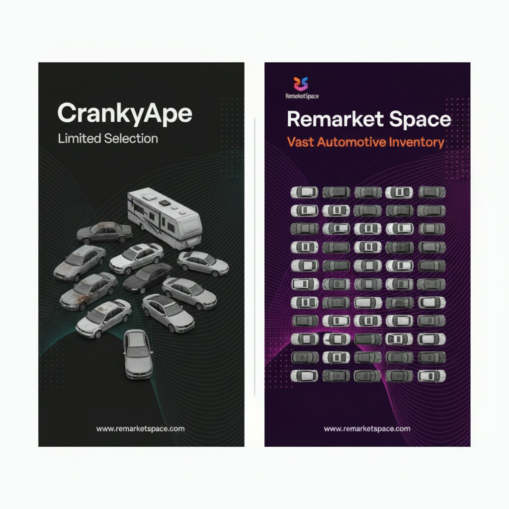 A split image representing a clear contrast between two auction platforms: CrankyApe and Remarket Space. CrankyApe's side could be depicted with fewer, less organized vehicles, perhaps with some recreational vehicles mixed in, suggesting limited automotive focus. Remarket Space's side should showcase a vibrant, well-organized array of diverse automotive vehicles, conveying a vast and specialized inventory.
