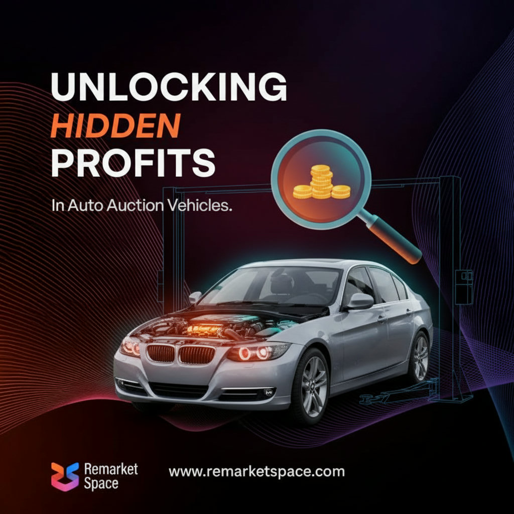 An image illustrating the concept of 'hidden profits' within auto repair shop auctions. This could be a graphic showing a car at an auto repair shop with a glowing effect around certain parts, symbolizing the potential for value discovery, or a magnifying glass hovering over a vehicle's engine bay, highlighting overlooked opportunities.
