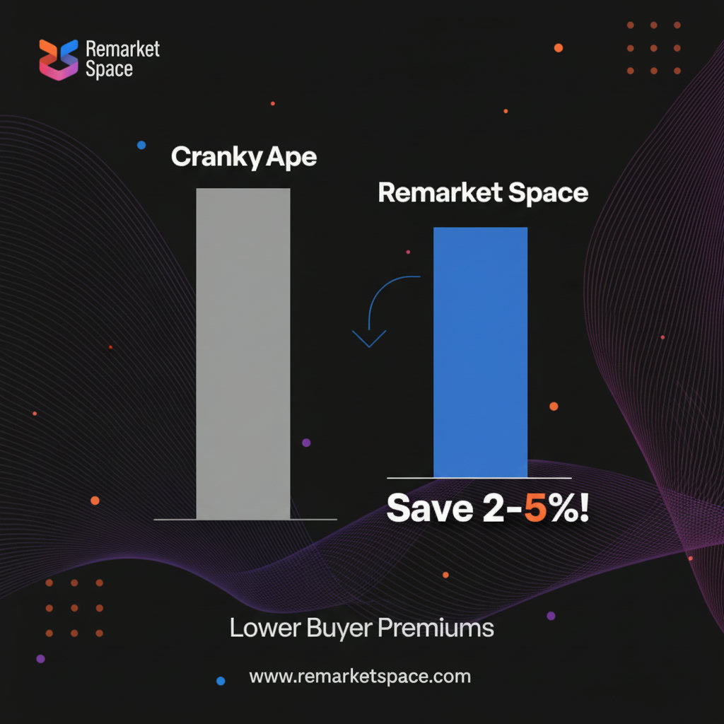 A visual comparison of fee structures. This could be a simple, bold infographic showing two bar graphs side-by-side. One bar, labeled 'CrankyApe', is significantly taller, representing higher buyer premiums. The other bar, labeled 'Remarket Space', is noticeably shorter, indicating lower premiums, with a clear dollar or percentage saving shown.