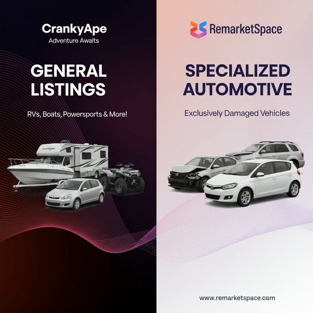 A clear visual comparison between a broad, general marketplace (represented by CrankyApe with RVs, boats, powersports, and a small damaged car) and a specialized automotive marketplace (Remarket Space, focusing exclusively on a variety of broken cars).