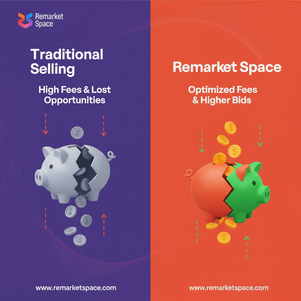 An infographic or split image showing money flowing away from the seller due to high fees and lost opportunities on one side, and money flowing towards the seller due to optimized fees and higher bids on the Remarket Space side. Perhaps a broken piggy bank versus a full one.