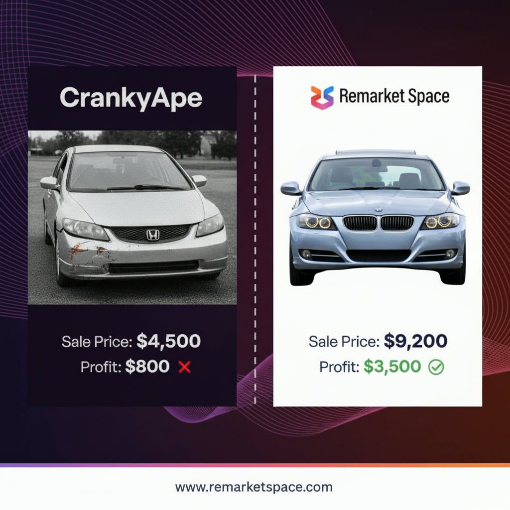 A side-by-side comparison of two identical damaged Honda Civics. One on a generic, low-value auction platform (CrankyApe) with a lower sale price and less profit, and the other on Remarket Space with a significantly higher sale price and increased profit, highlighting the financial difference.
