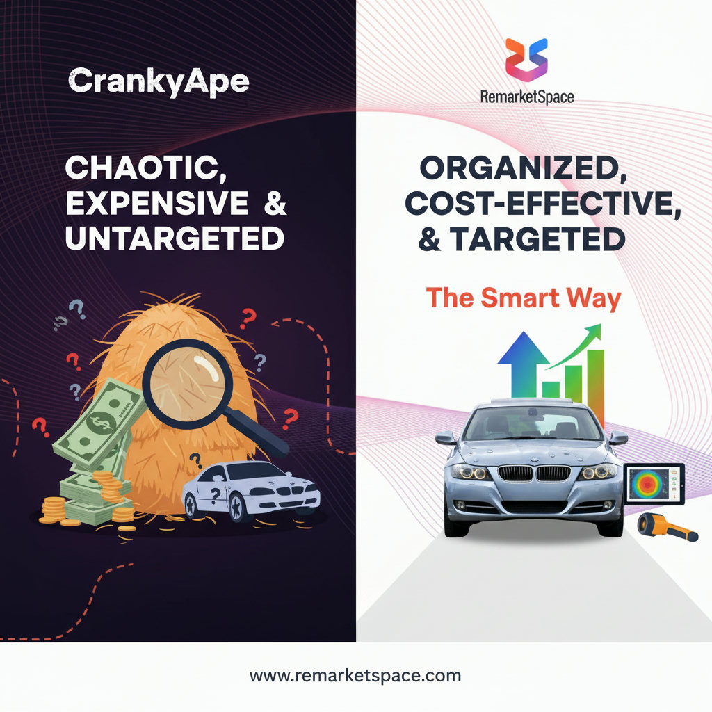 An image contrasting two different scenarios for buying hail-damaged vehicles. On one side, represent a chaotic, expensive, and untargeted approach (CrankyApe) with a high stack of money dwindling, a magnifying glass searching through a haystack, and a car with various unrelated damages. On the other side, depict an organized, cost-effective, and targeted approach (Remarket Space) with a growing stack of money, a clear path to a perfectly hail-damaged car, and specialized tools.