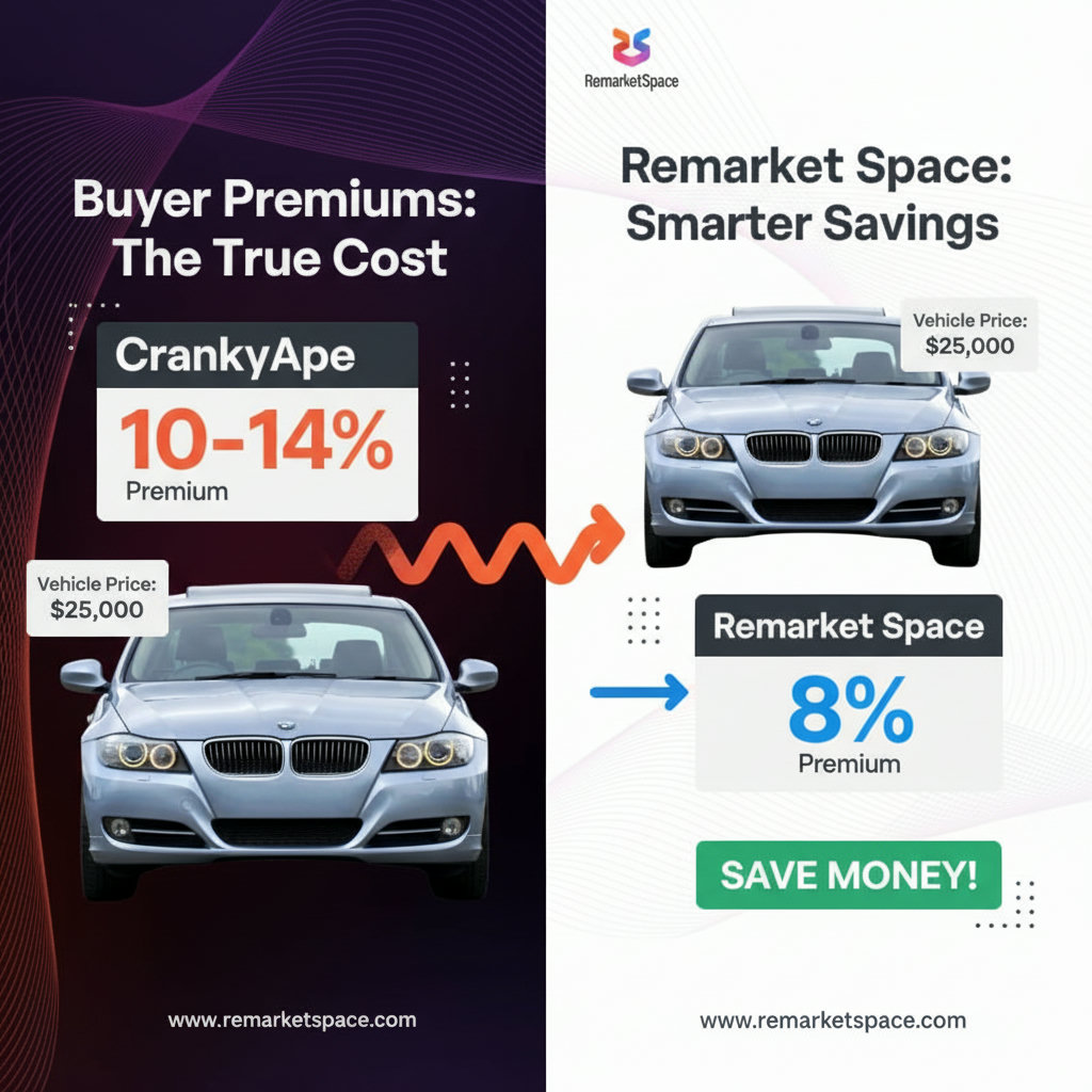 A visual representation of buyer premiums. Use a graphic showing a vehicle's purchase price, and then clearly illustrate the additional percentage taken by 'Buyer Premiums' for both CrankyApe (e.g., 10-14%, represented as a larger, more impactful cost) and Remarket Space (e.g., 8%, represented as a smaller, less impactful cost). This could be an infographic with two cars, each with a price tag and a separate, clearly labeled premium percentage. An arrow could represent the savings gained by using Remarket Space.