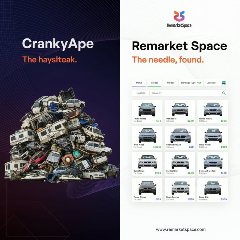 An image illustrating the concept of a 'needle in a haystack' for CrankyApe, depicting a vast, disorganized pile of miscellaneous recreational vehicles and only one or two small, hard-to-find hail-damaged cars. In contrast, for Remarket Space, show a clearly organized and sectioned inventory of various hail-damaged vehicles, perhaps with search filters and specialized tools visible, conveying ease of access and abundance.