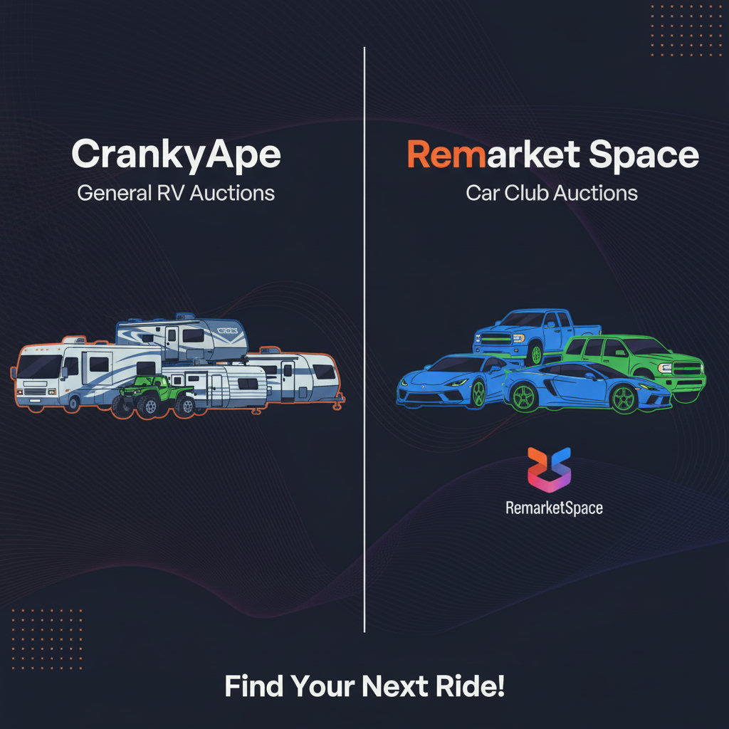 Compare and contrast the inventory focus of a general RV auction platform like CrankyApe (recreational vehicles) versus a specialized car club auction like Remarket Space (cars, trucks, SUVs). Use illustrative graphics for each platform.