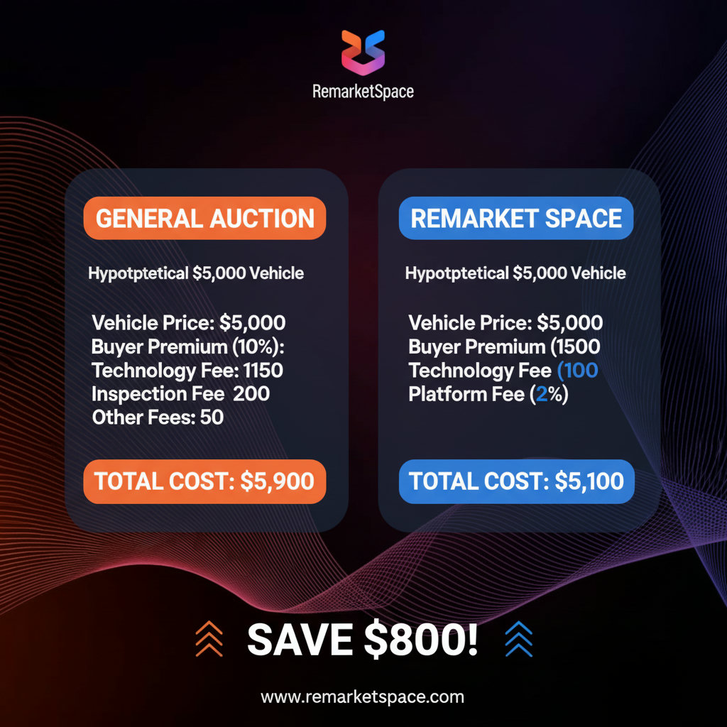 Visually represent the significant difference in buyer premiums and fees between a general auction platform and Remarket Space. A graphic that shows the cost breakdown side-by-side for a hypothetical $5,000 vehicle acquisition, highlighting the savings.