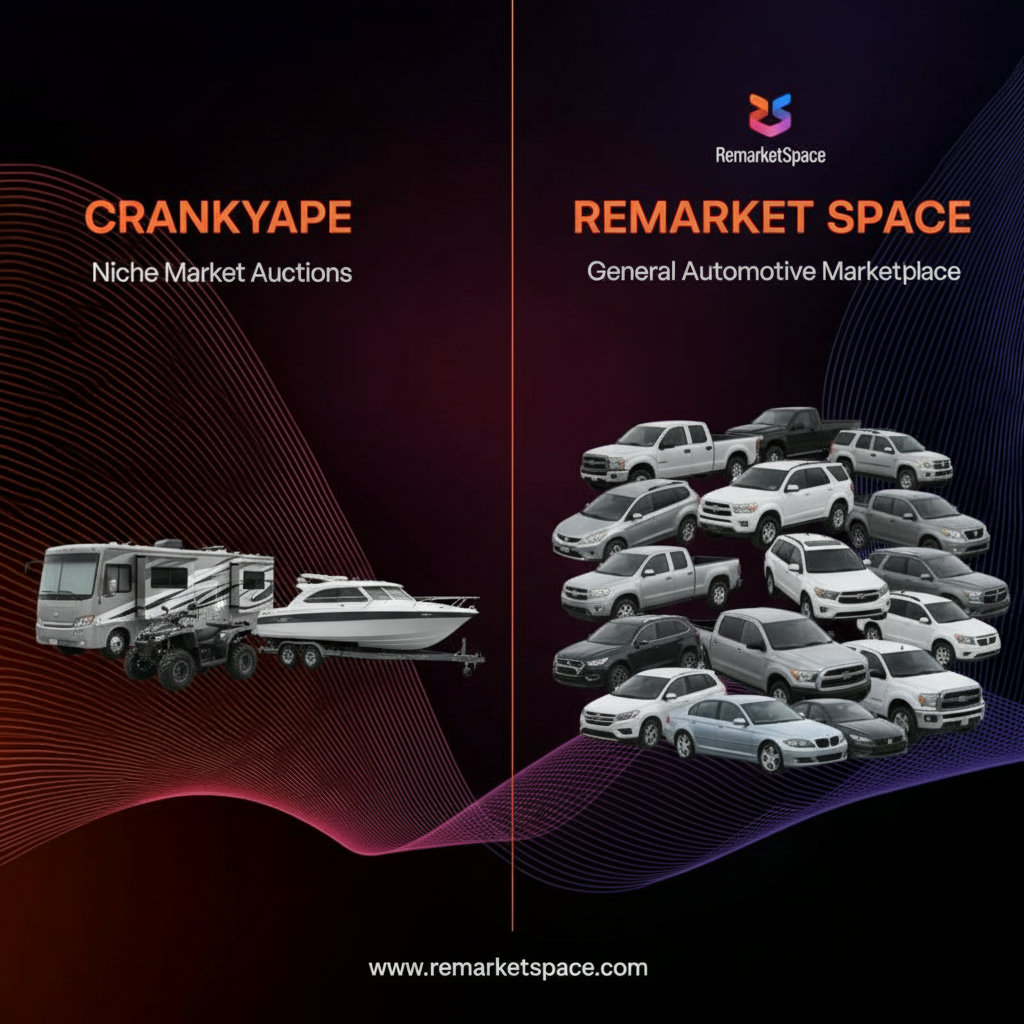 A clear visual comparison between two different auction platforms. On one side, represent 'CrankyApe' with an image of recreational vehicles (RVs, boats, ATVs), possibly with a smaller, more specialized selection. On the other side, represent 'Remarket Space' with a broader array of cars, trucks, and SUVs, emphasizing variety and quantity. This image should visually highlight the difference in inventory depth and breadth between a niche market and a general automotive market.
