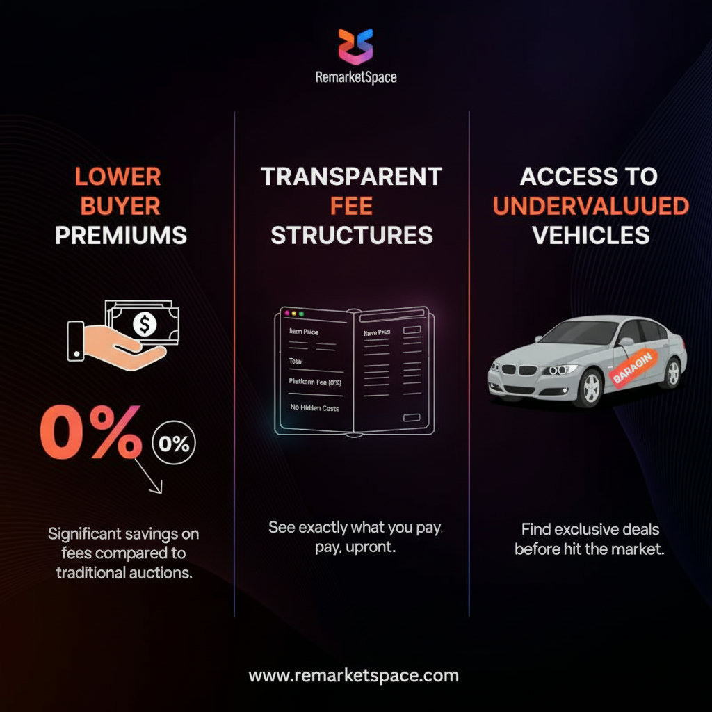 An infographic or a set of juxtaposed elements showing the financial benefits and cost savings of using Remarket Space. This could include visual representations of 'Lower Buyer Premiums' (e.g., a hand holding cash with a lower percentage sign), 'Transparent Fee Structures' (e.g., a clear, open ledger), and 'Access to Undervalued Vehicles' (e.g., a car with a 'bargain' tag). The overall image should convey increased profitability and efficiency.