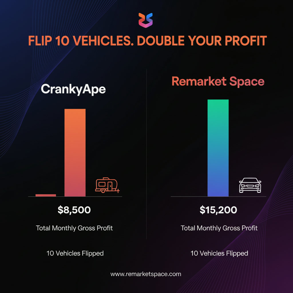 A comparison of two hypothetical financial scenarios, illustrating the profit difference between using CrankyApe versus Remarket Space for flipping 10 vehicles. This could be represented as two bar graphs or pie charts side-by-side, visually showing the 'Total Monthly Gross Profit' for each platform, with Remarket Space clearly having a higher profit. Include simplified icons representing the types of vehicles (RV vs. car) and potentially the cost breakdowns.