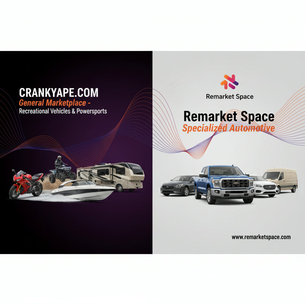 Visual contrast between a general marketplace like CrankyApe (focused on recreational vehicles and powersports: motorcycles, ATVs, boats, RVs) and a specialized automotive platform like Remarket Space (focused on trucks, cars, SUVs, and vans). This could be a split image or two distinct images side-by-side.