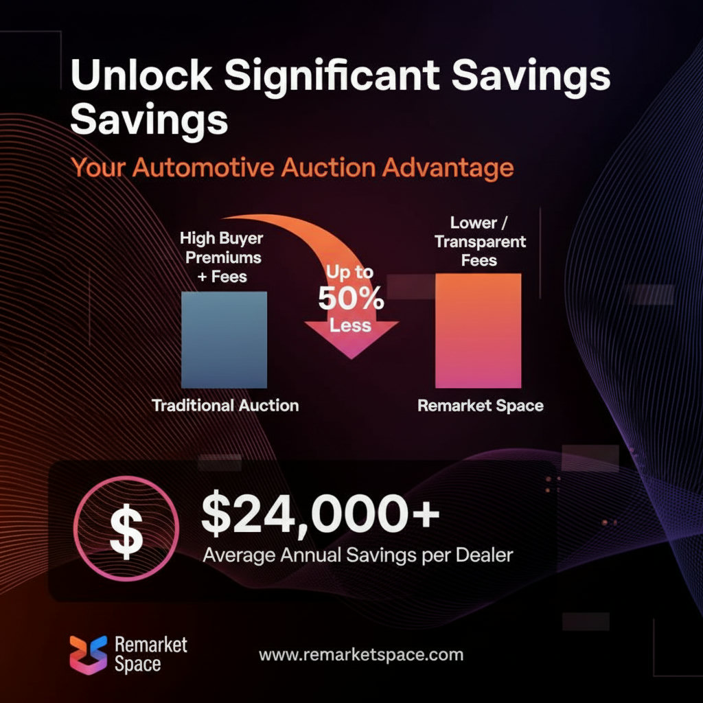 An infographic or chart visually depicting the cost savings when using a specialized automotive auction platform. This could highlight lower buyer premiums, reduced fees, and the cumulative financial benefit over time (e.g., $24,000 annually).