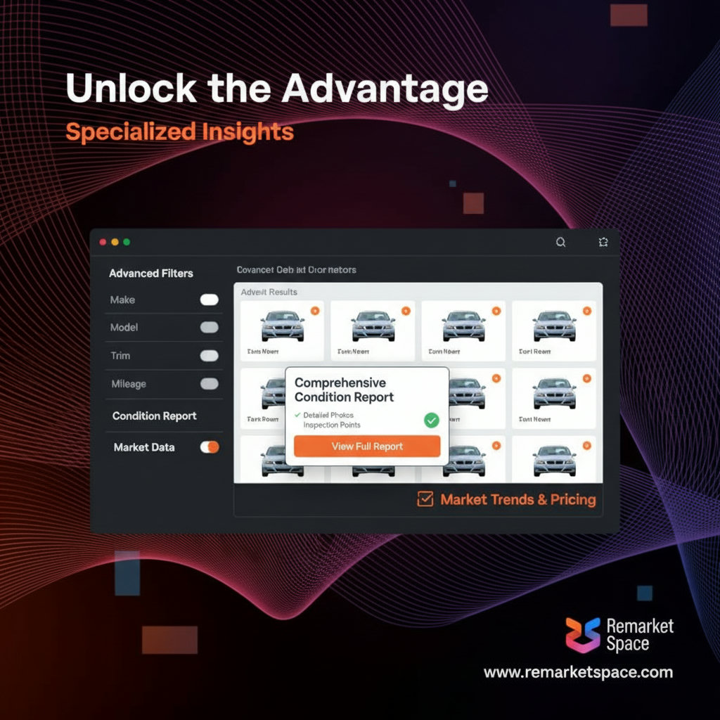 A graphic illustrating the specialized advantages of a platform like Remarket Space, such as advanced search filters (make, model, year, trim, mileage), comprehensive condition reports with photos, and access to market trends and data. This could be a screenshot of a user interface with callouts.