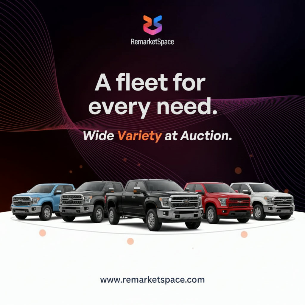 A diverse lineup of various pickup trucks available at auction, showcasing different types (light-duty, medium-duty, heavy-duty), cab configurations, and trim levels, emphasizing the 'wide variety' mentioned in the FAQ.